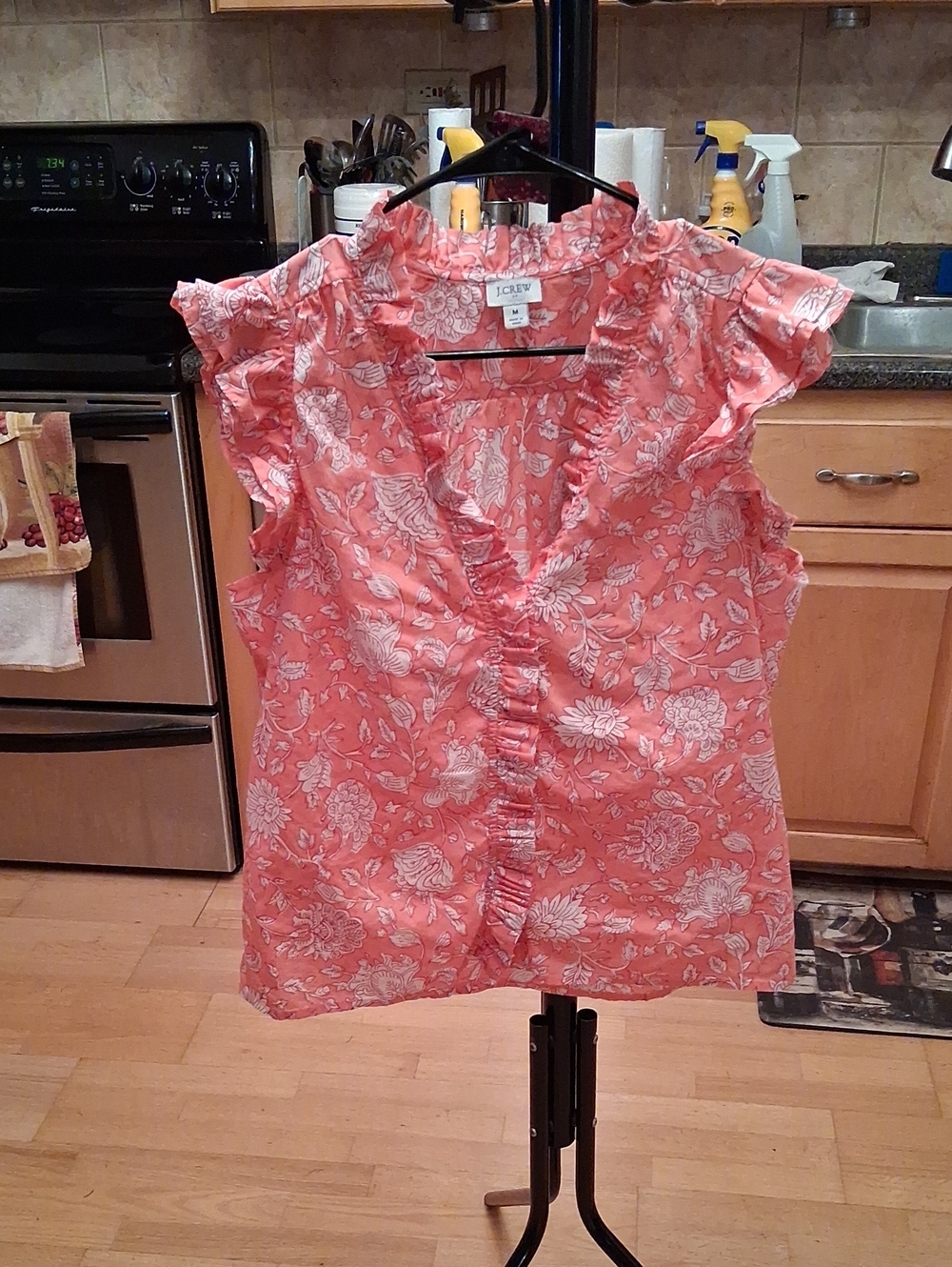 J. Crew Coral Floral Ruffle V-Neck Blouse